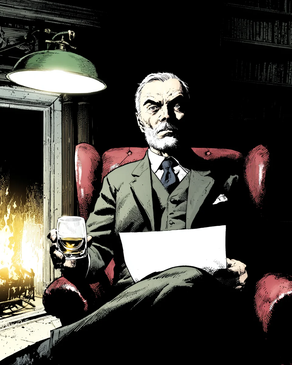 A man in a three-piece suit beside a green desk lamp, a glass and papers at hand.