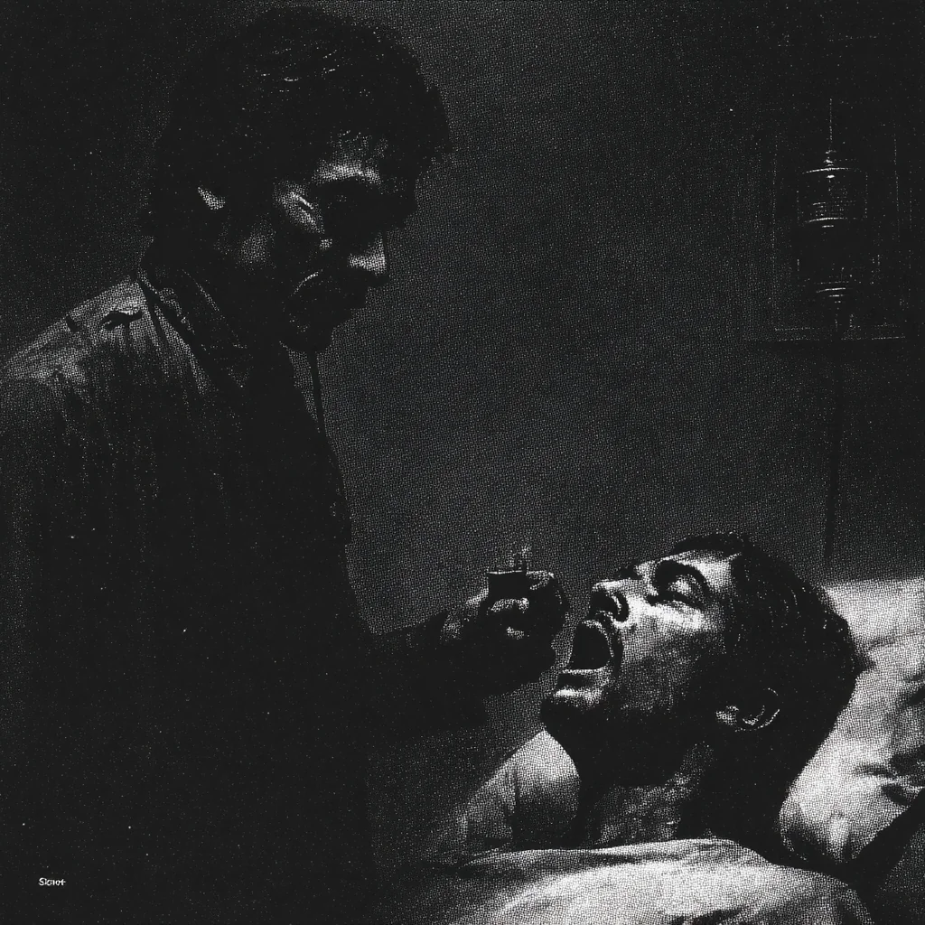 A 1981 black-and-white photograph of a hospital room.