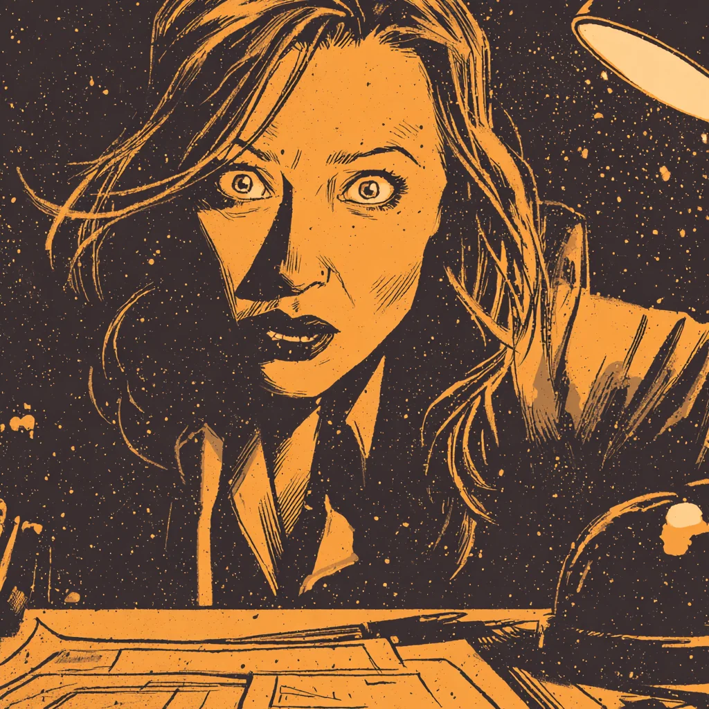 A woman, half-lit by a desk lamp, stopped mid-realization.
