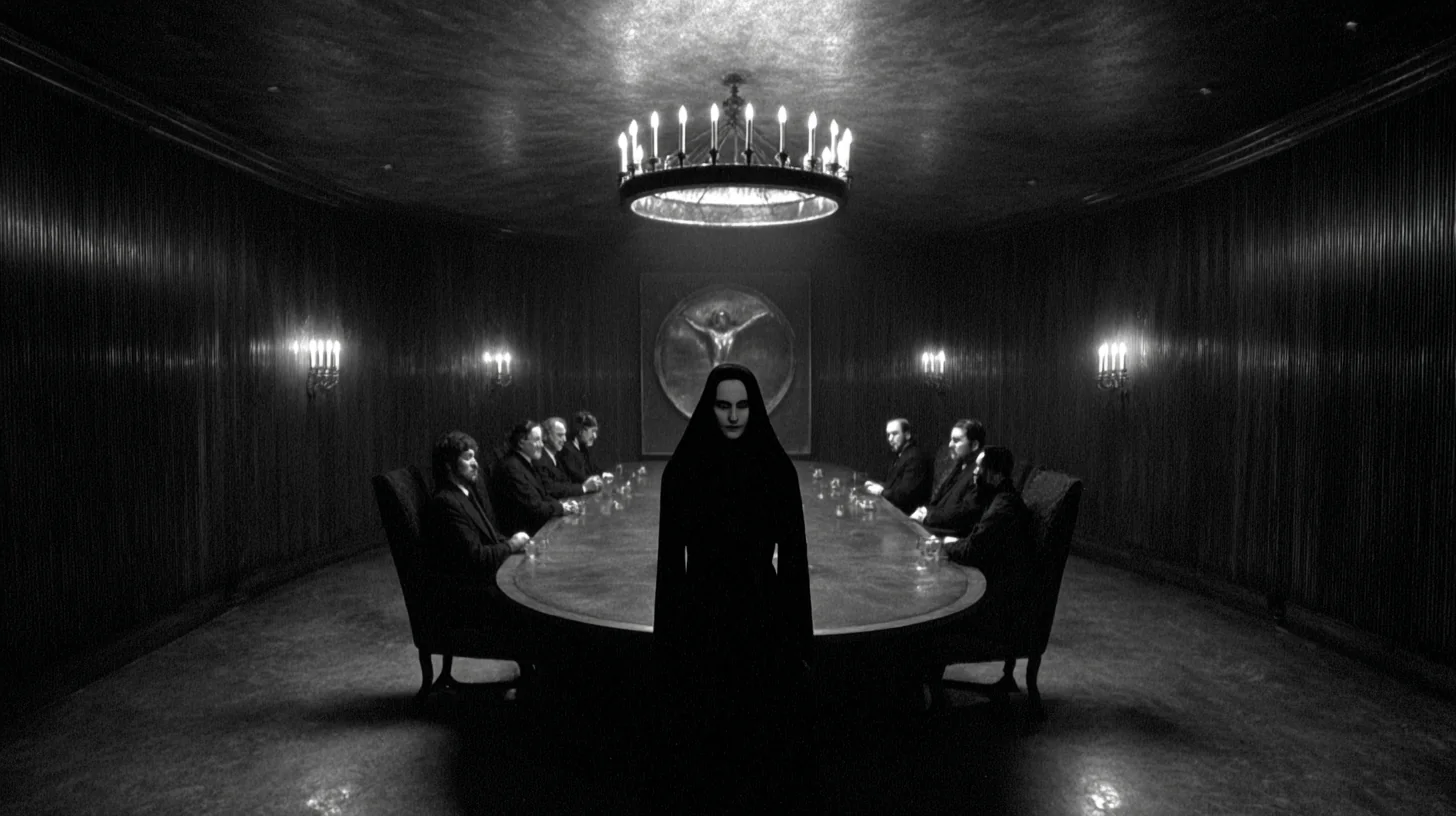 She standing motionless at the foot of the long oval Council table, seven figures seated, the candles bending toward her