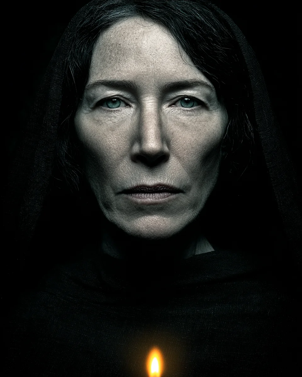 a pale woman of indeterminate age, hood lowered, the rare face-revealed image, candle-amber rim light from below