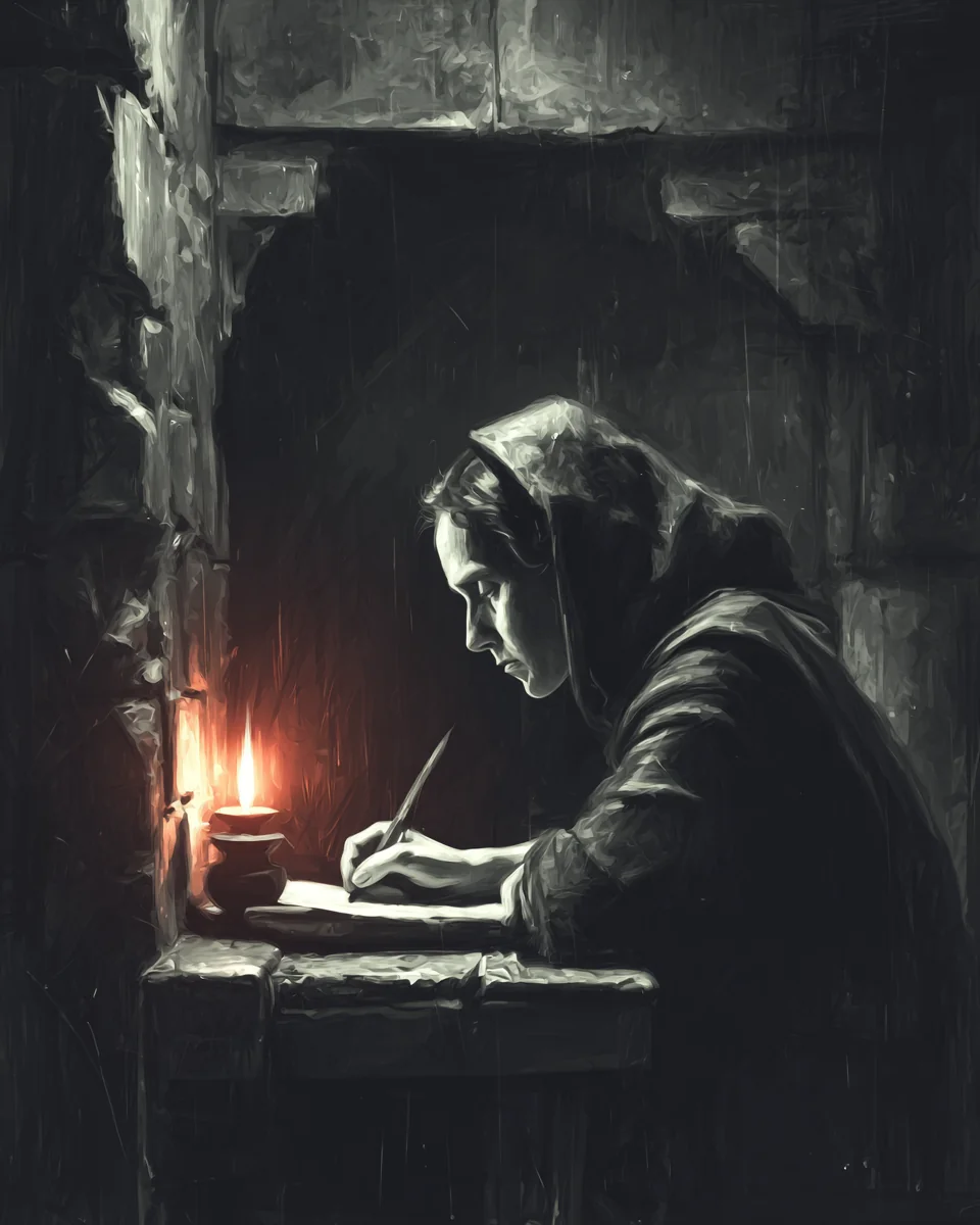 hooded figure at a small oil-lamp-lit table writing on papyrus in 309 BC Macedonia, Caravaggio chiaroscuro
