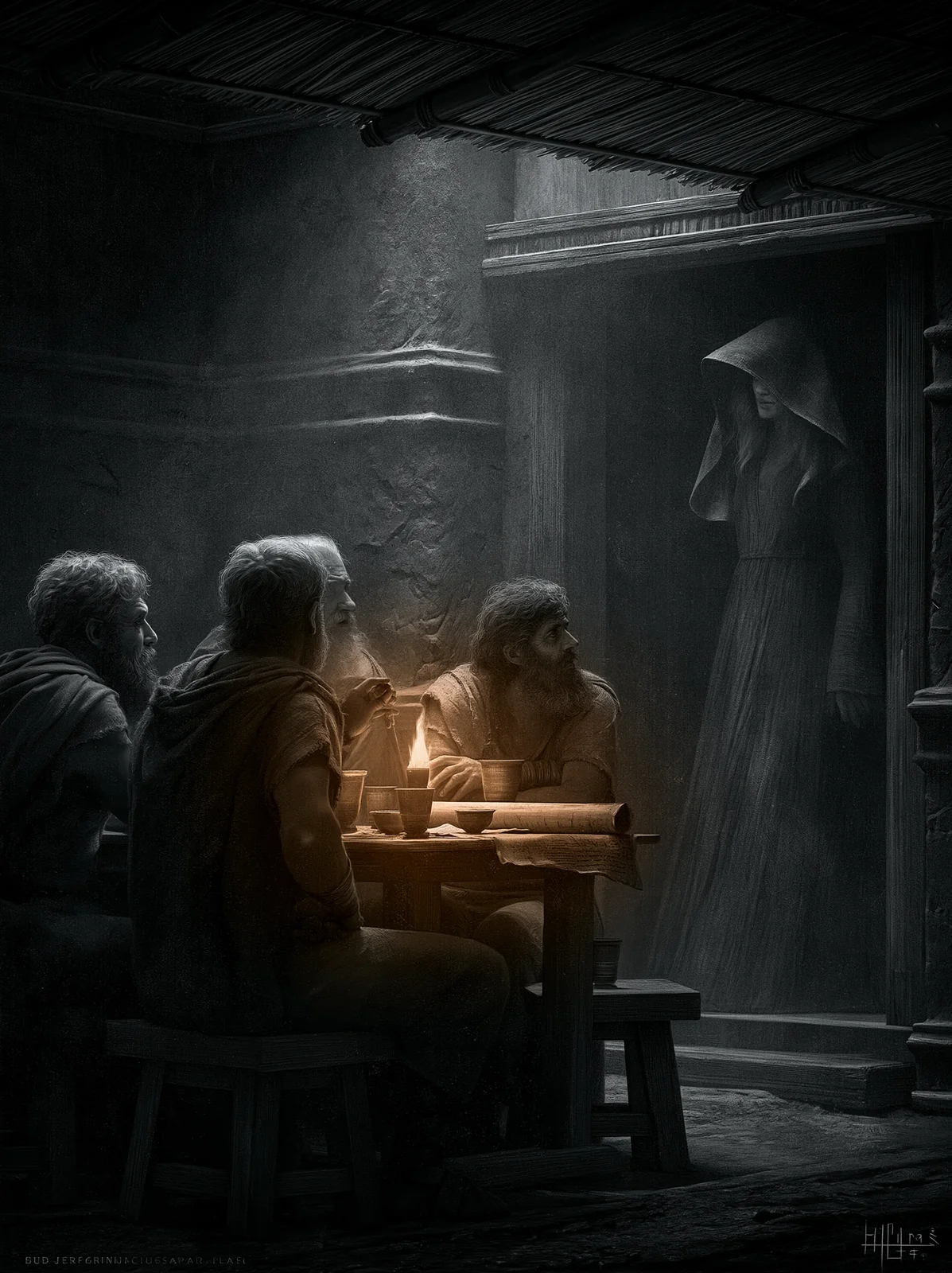 a Hellenistic Macedonian wine merchant's stall, the four founders seated at the lit table, the hooded figure standing in shadow at the threshold
