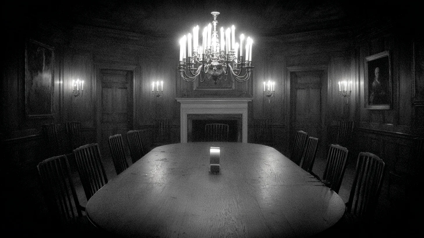 empty council chamber, the eighth chair pulled out and angled as if recently risen from, candles burning slow and even, no figures, the absence as the subject