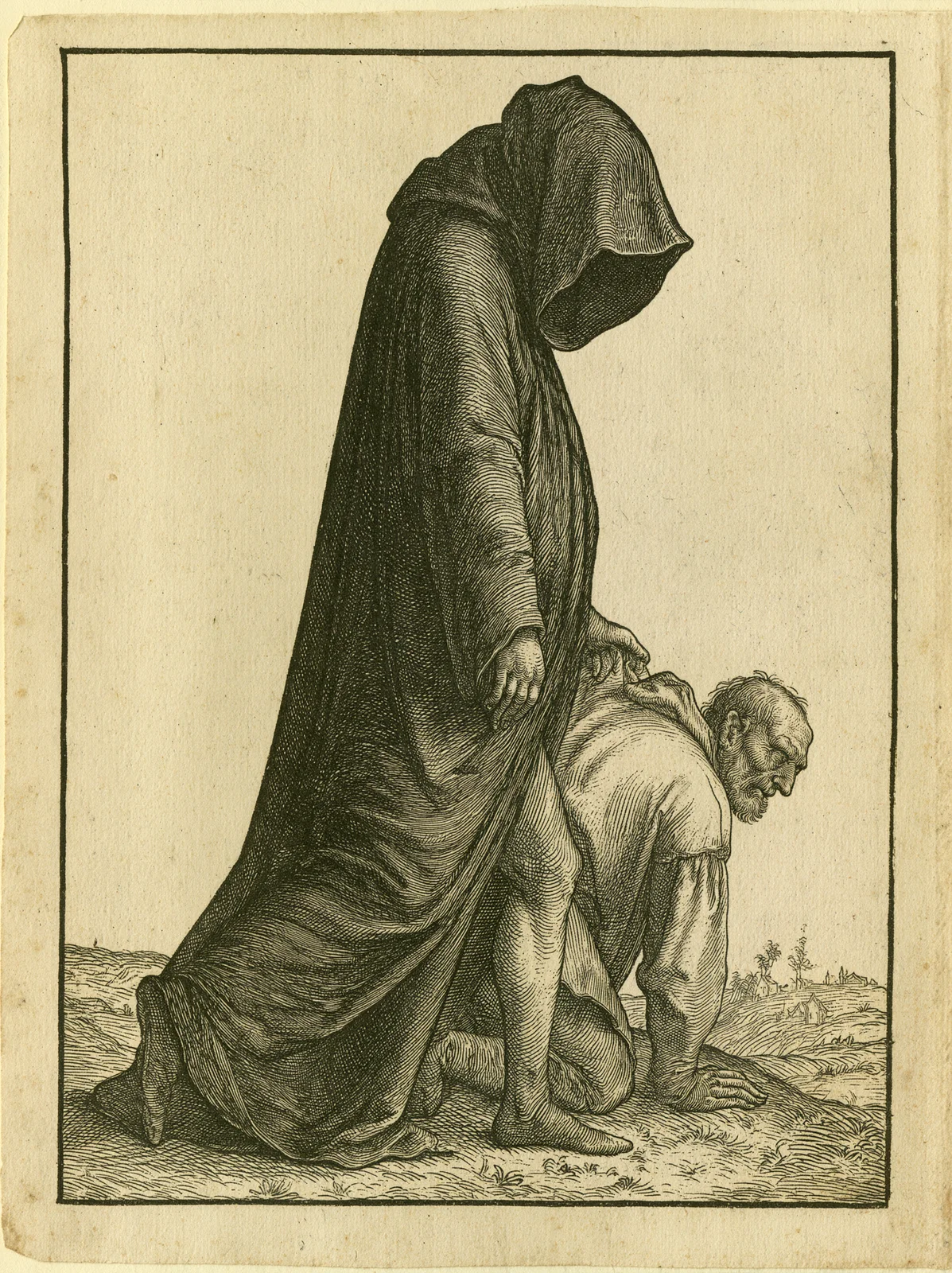 medieval woodcut in the register of Hans Holbein's Dance of Death, hooded figure leading a kneeling supplicant