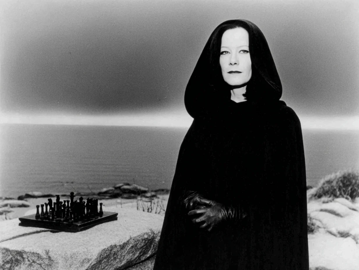 1957 35mm film still, deserted Baltic beach at twilight, hooded woman, chess board partially visible on a rock