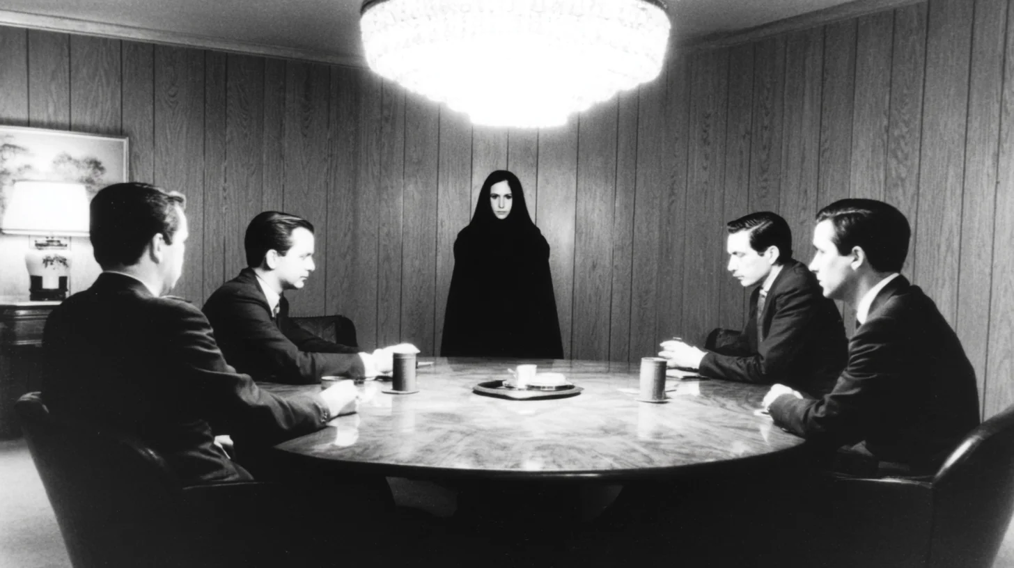 1973 archival photograph, seven men in formal business attire seated around a round table, eighth figure standing at the foot, Tri-X grain