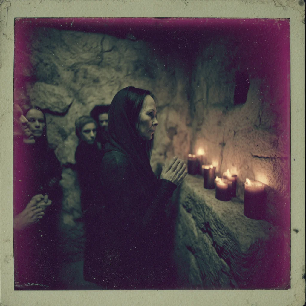 1991 Polaroid, chemical magenta fade, private stone chapel lit by approximately twenty candles, hooded woman at the altar