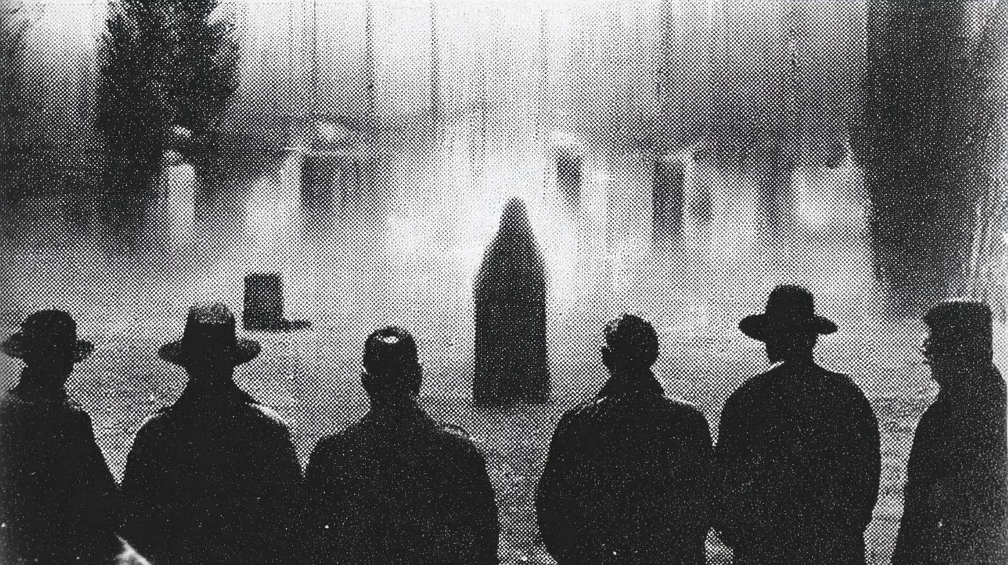 1981 newspaper photograph, halftone dot pattern, Vienna cemetery funeral, hooded figure visible between two cypress trees