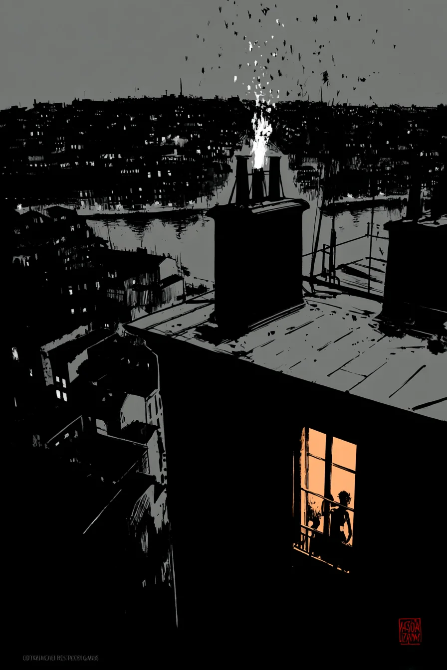 Lisbon at 4 a.m., rooftops, a single candle-amber window. Watcher's-angle splash.