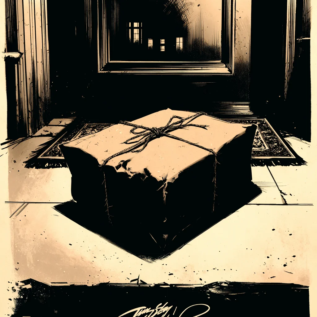 Brown paper package on the threshold of a hotel-room door at night, plain twine, no return label.
