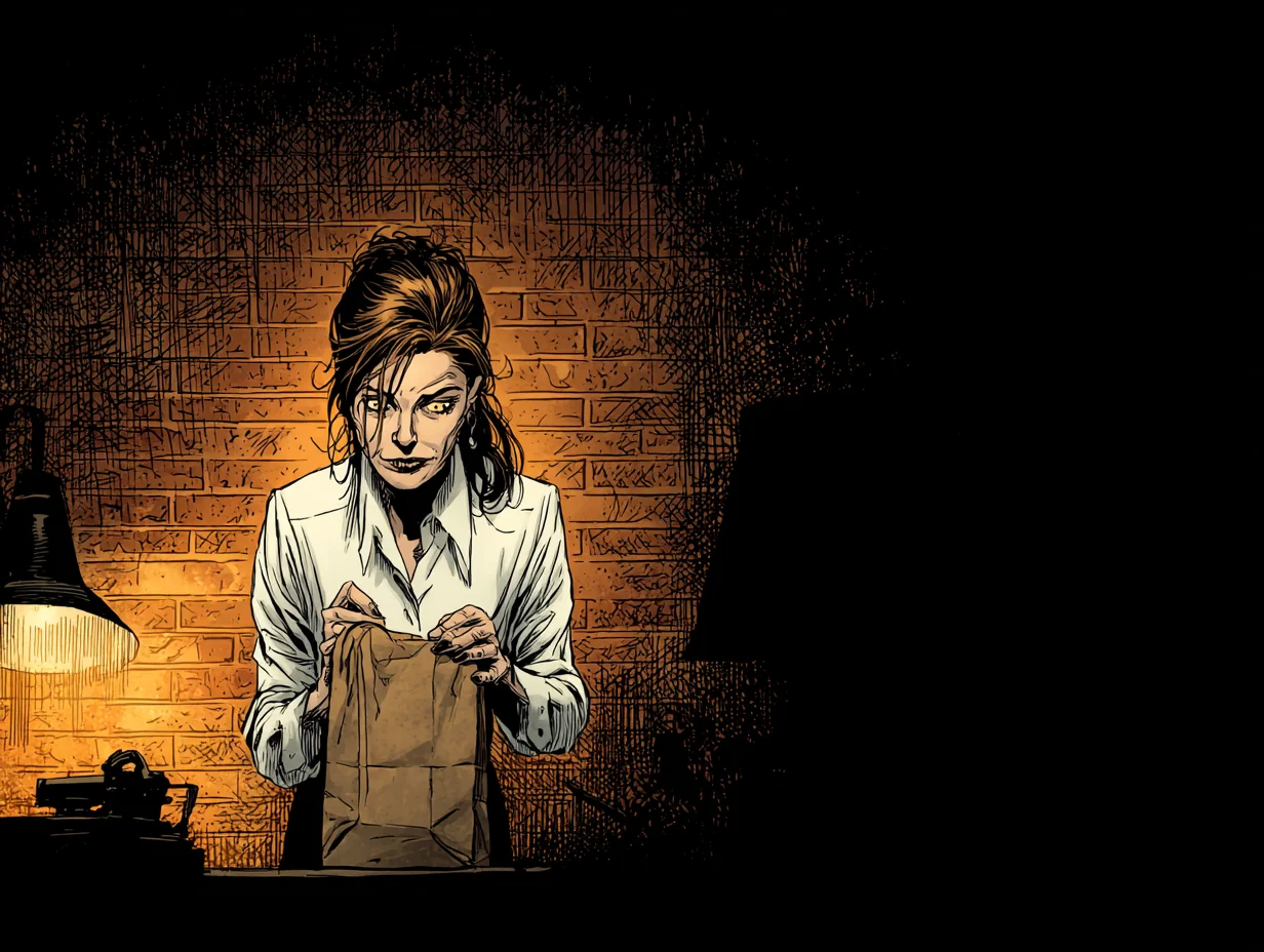 A woman in her mid-thirties at a hotel-room desk at night, hands at the twine on a paper package, single lamp.