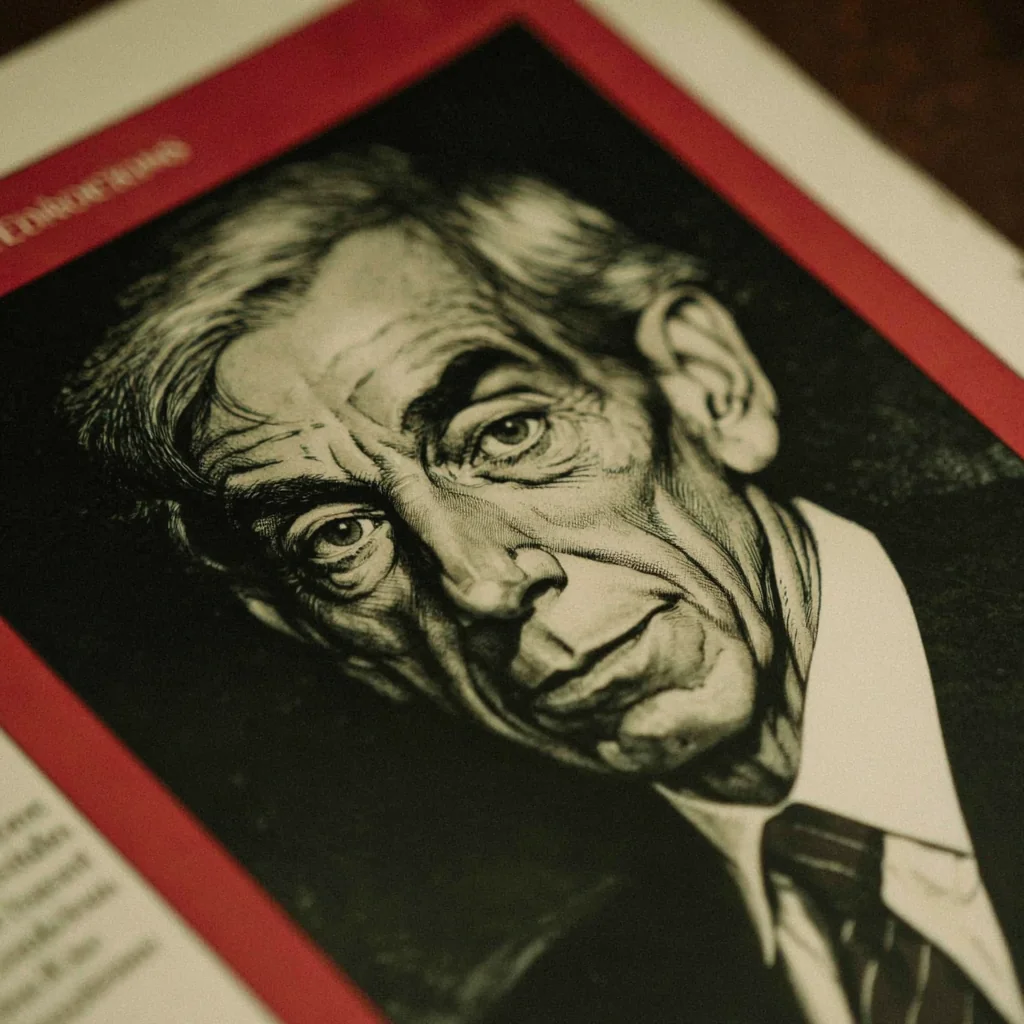 Extreme close-up of The Economist cover with a distinguished gray-haired man, signature red border.