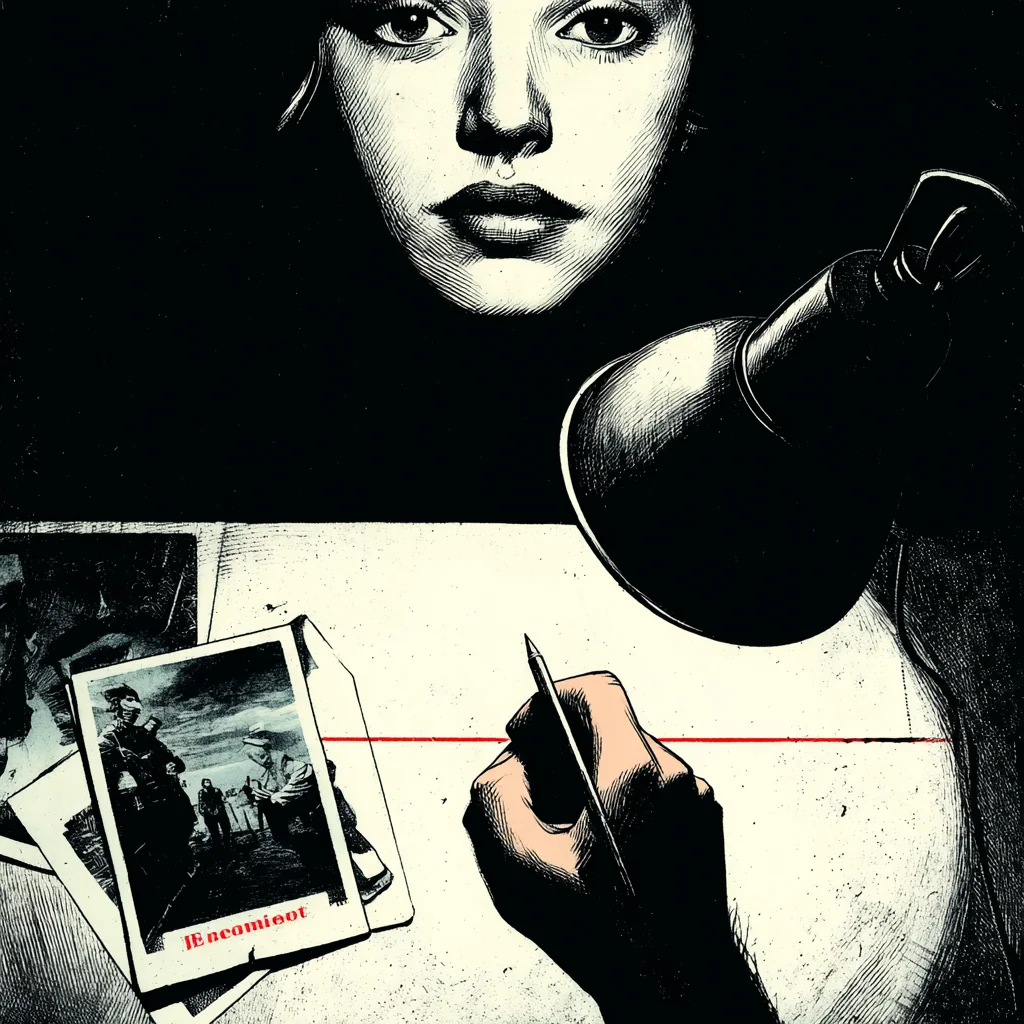 A woman's finger drawing a connection between a photograph and a magazine cover on a desk.