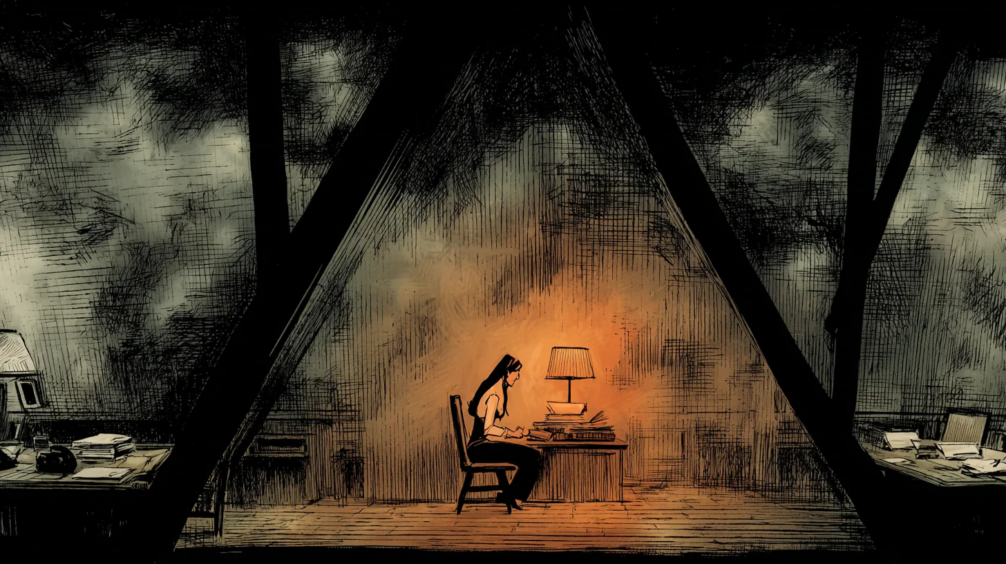 Wide of a hotel room at night, a woman small in the middle distance at a desk, dwarfed by shadow.