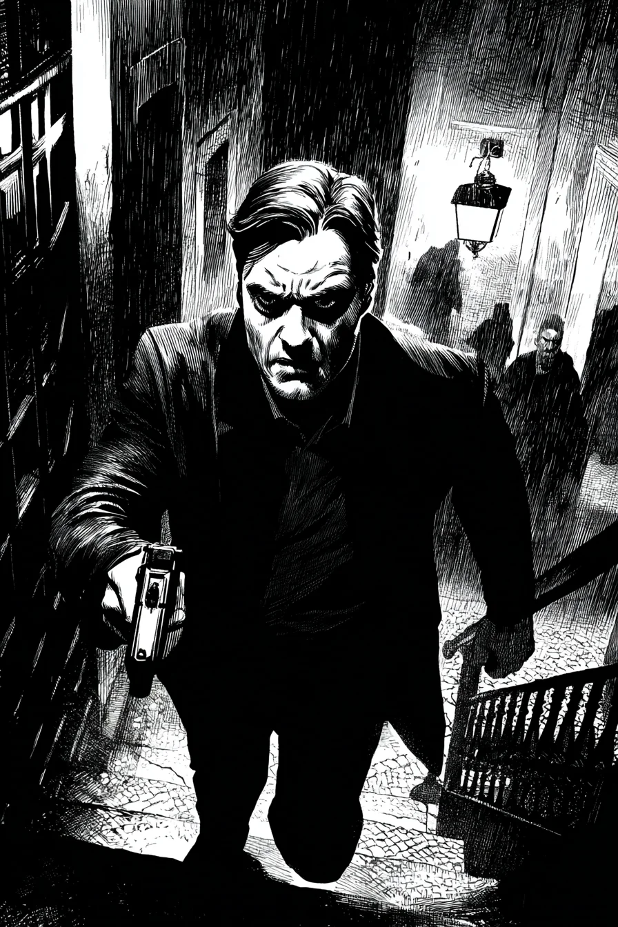 A man in his early-to-mid forties descending a narrow stone stairwell, suppressed pistol at his side, dramatic chiaroscuro.