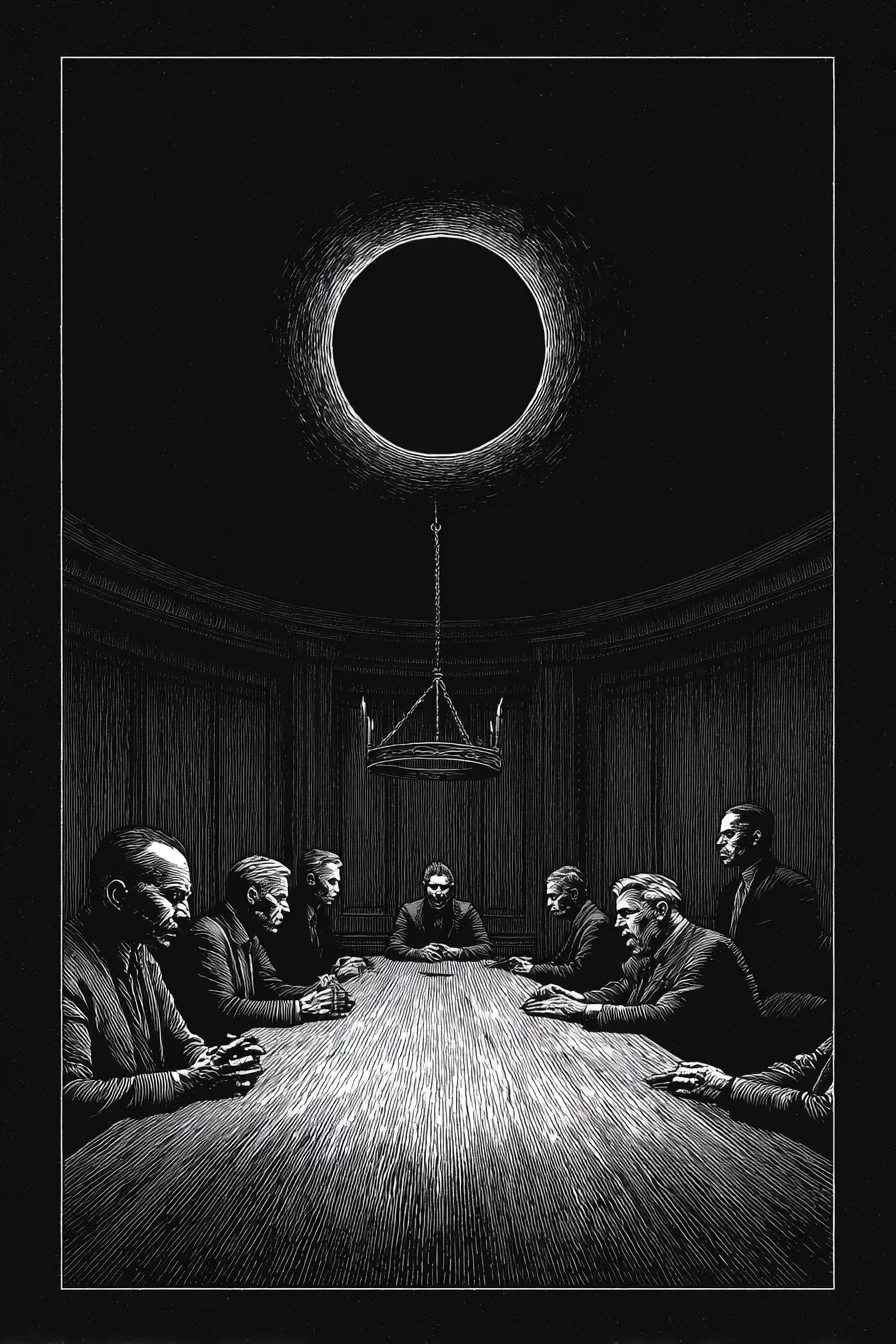 A long dark wood-paneled chamber, seven figures around a long oval table, a single black circle painted on the wall above. Absolute monochrome.