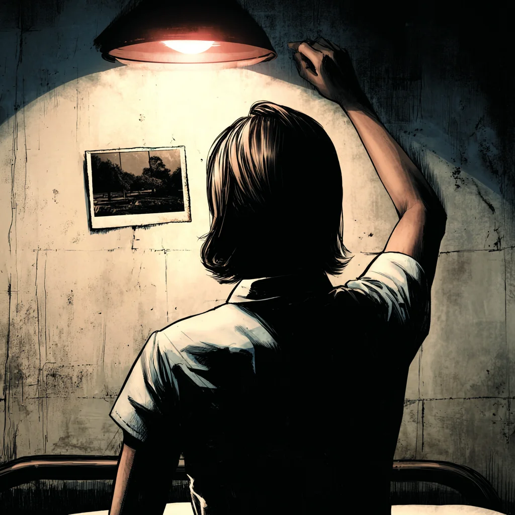 A woman seen from behind reaching up to pin a photograph to a hotel-room wall.