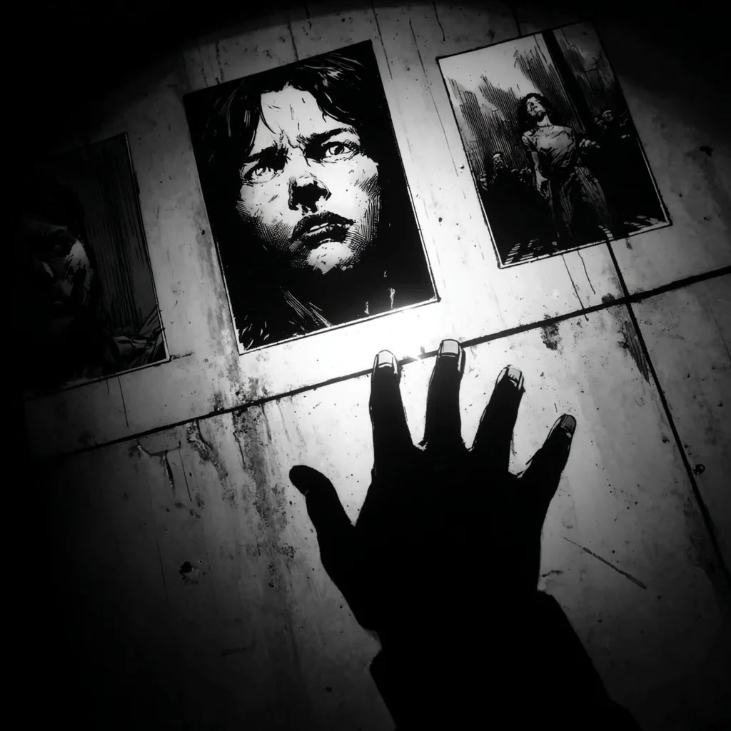 A hotel-room wall with four small historical photographs pinned in a row, a hand reaching up to add a fifth.