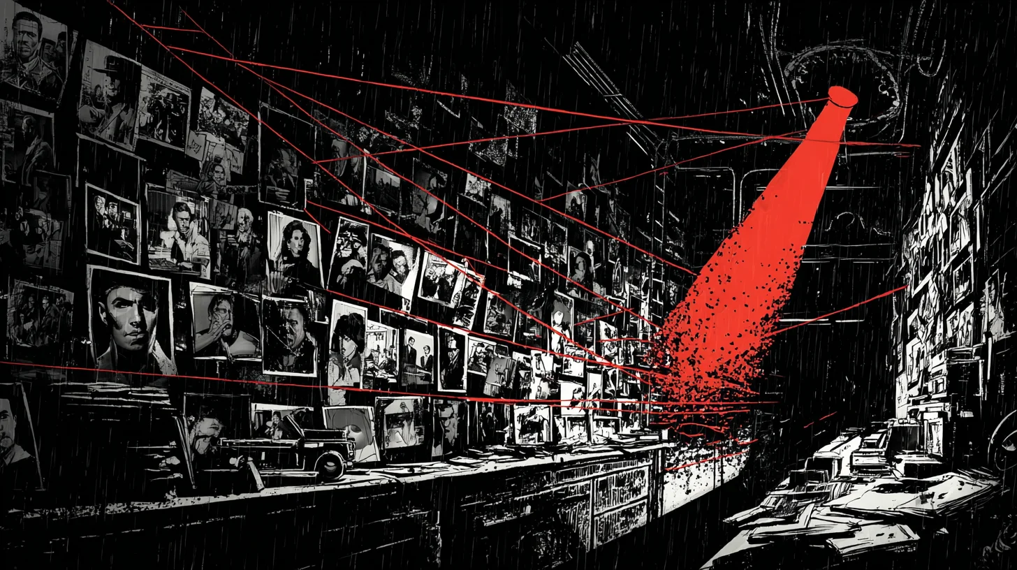 A hotel-room wall covered with dozens of historical photographs connected by lengths of bright red string in a web of evidence.