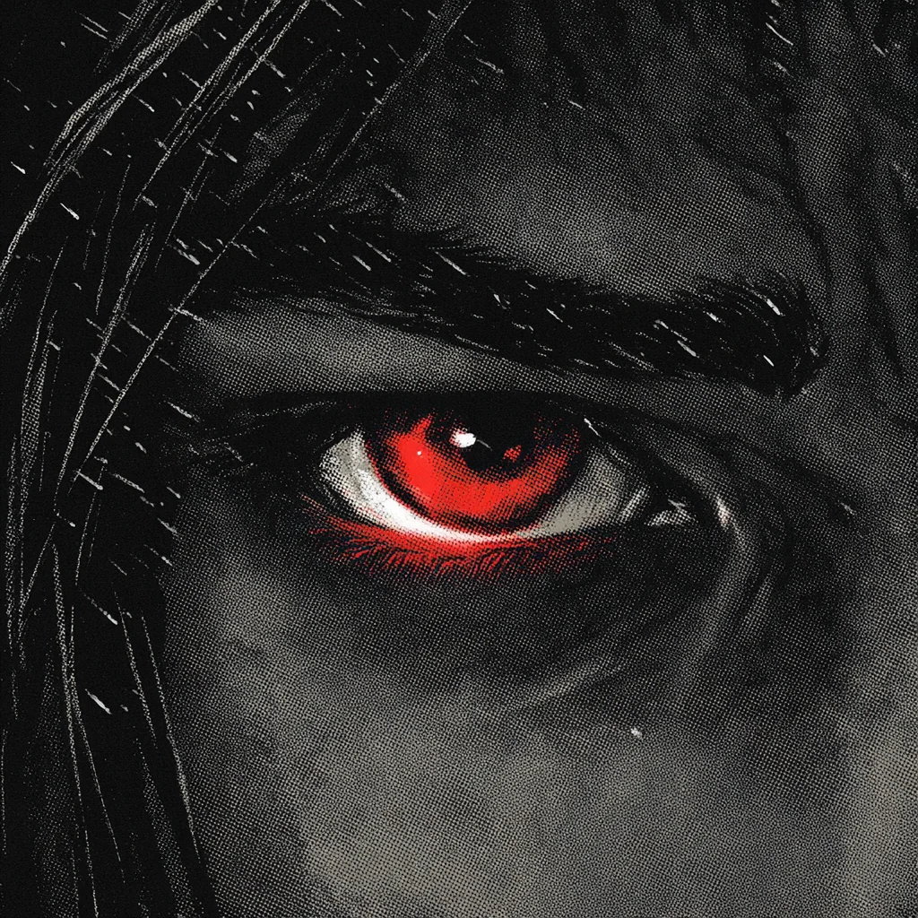 Extreme close-up of a single human eye, iris reflecting a vivid crimson-red.