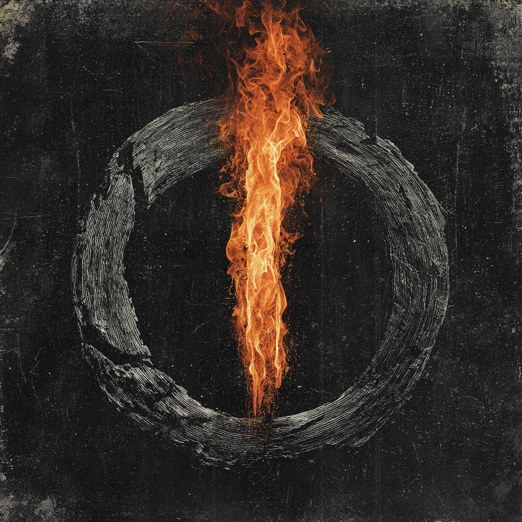A faction sigil — an inked grey ring pierced vertically by a column of flame.