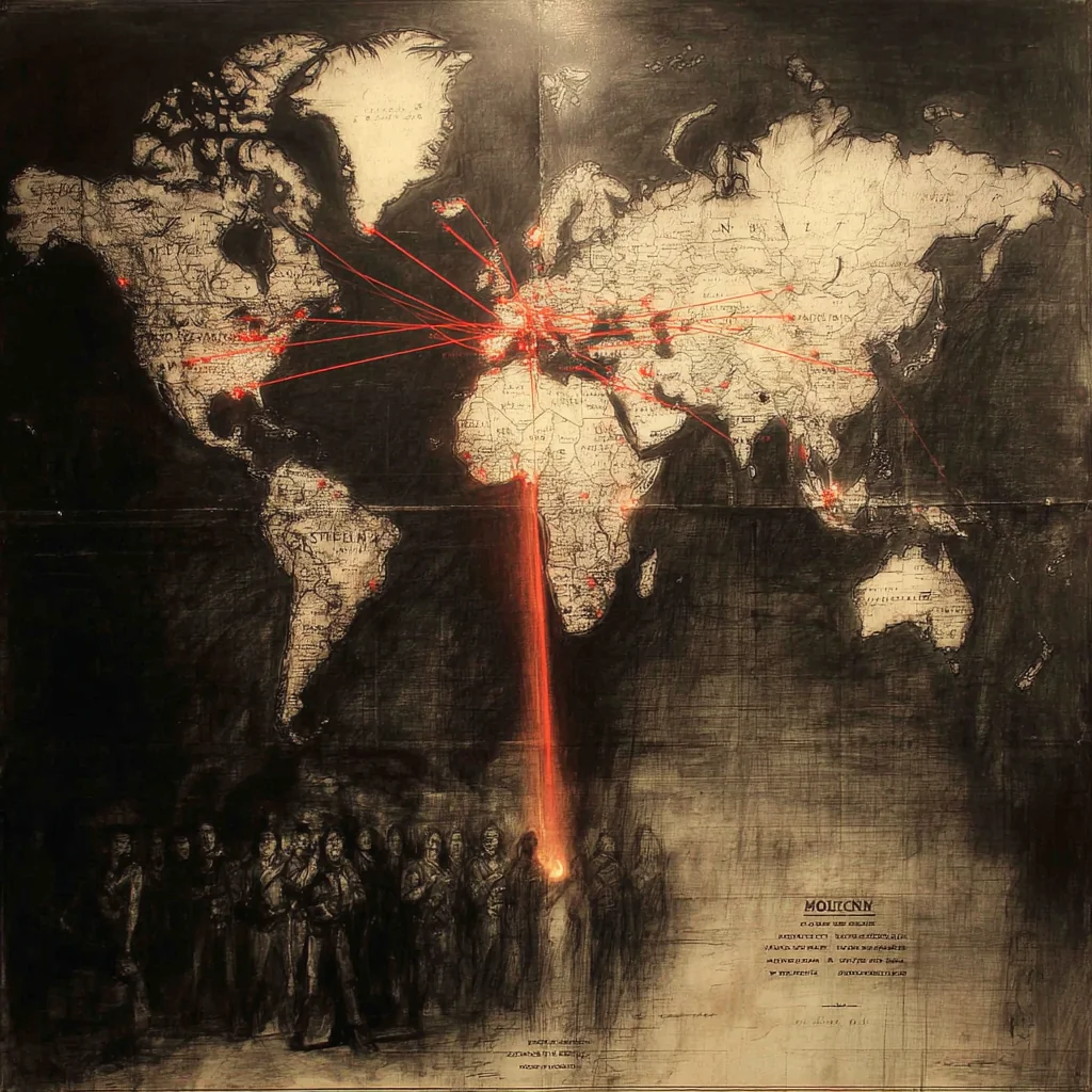 An antique cartographic map with lines radiating across continents.