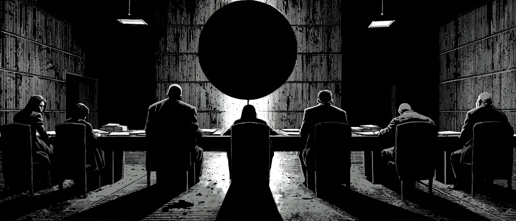 The Council chamber, a long oval table beneath a single black circle on the wall.