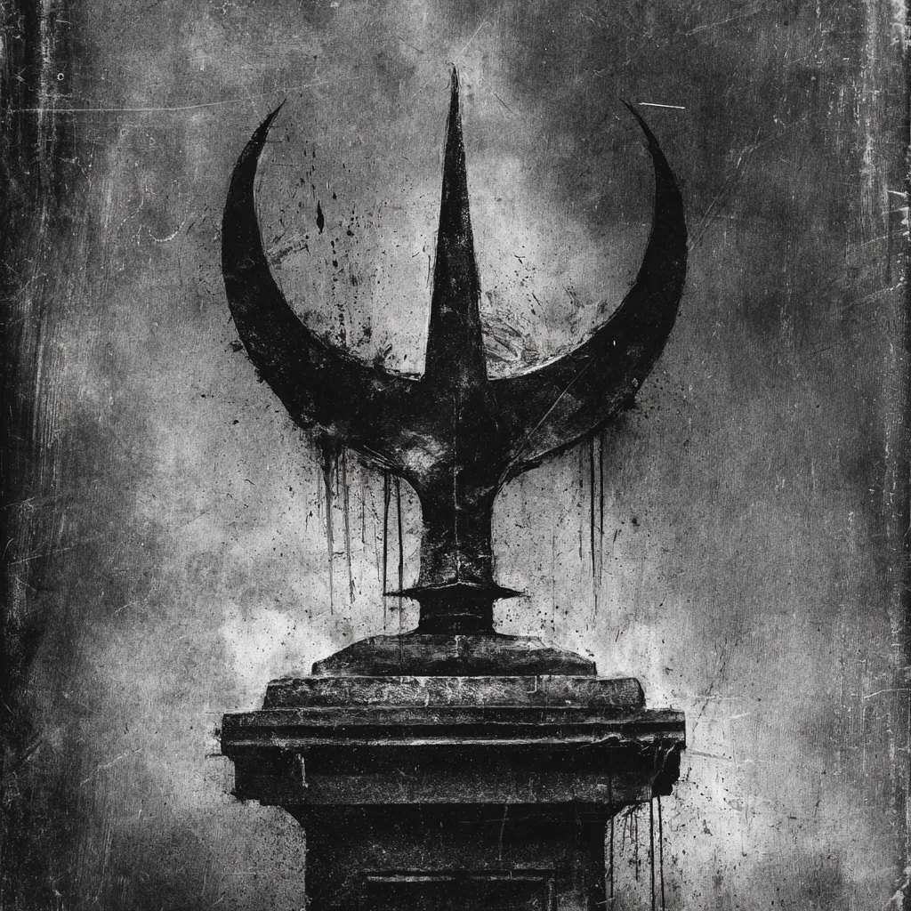 A faction sigil — a crescent spire on a pedestal.