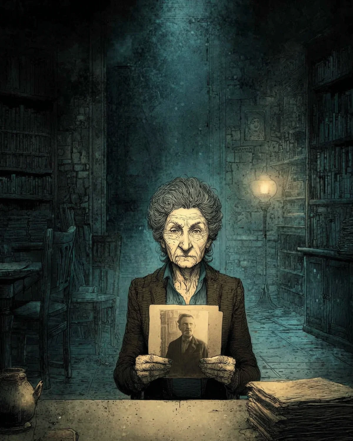 Eszter Karády, painted, holding her father's photograph
