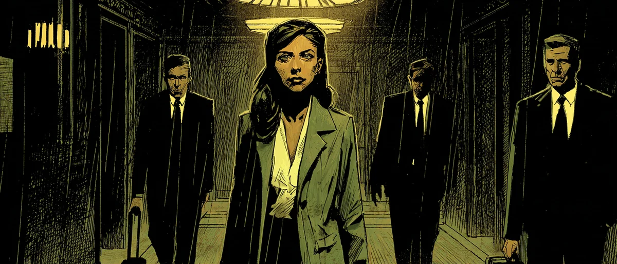 A Lisbon hotel lobby at eleven at night, rendered as a graphic-novel splash page